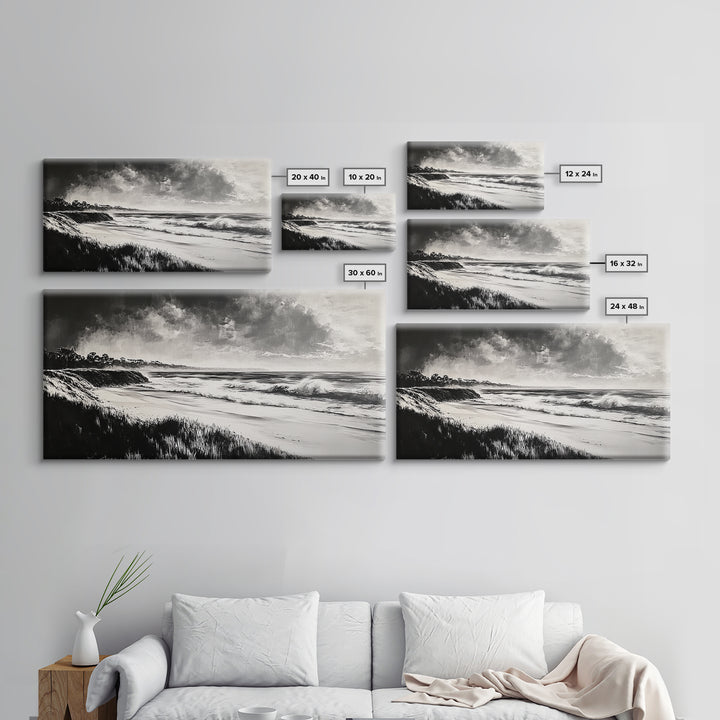 Stormy Ocean, Black and White Canvas Print, Coastal Wall Art, Dramatic Seascape Painting, Nautical Home Decor, Living Room Statement