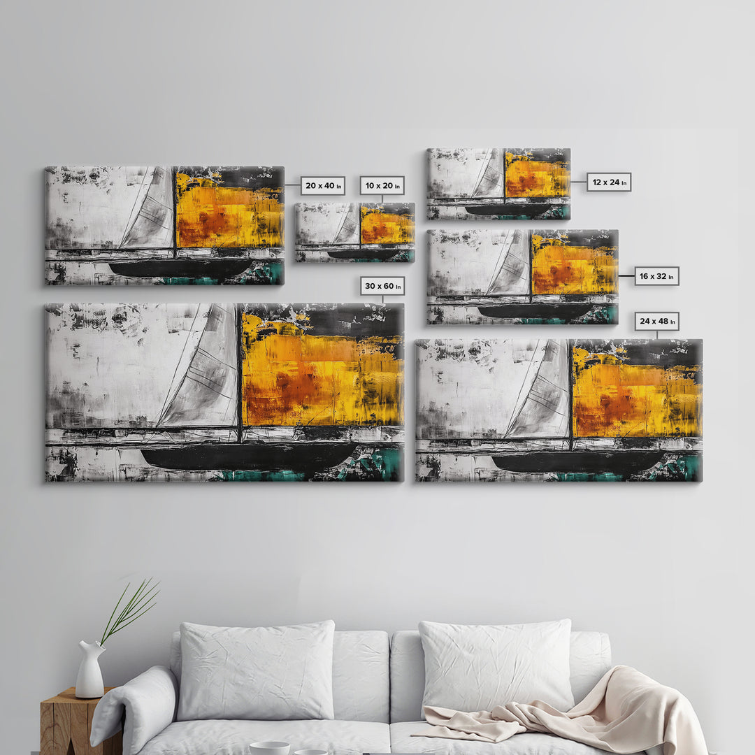 Abstract Sailboat, Nautical Canvas Print, Modern Minimalist Wall Art, Coastal Home Decor, Black and White Painting, Living Room Art