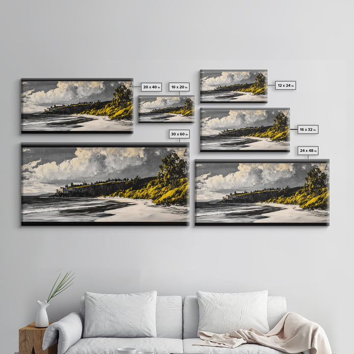 Castle Beach, Coastal Wall Art, European Landscape, Scenic Seascape, Travel Art, Historic Home Decor, Framed Canvas Print, Living Room Art