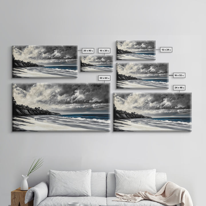 Moody Seascape, Stormy Ocean, Dramatic Sky, Beach Wall Art, Black and White Coastal Decor, Framed Canvas Print, Large Landscape Art