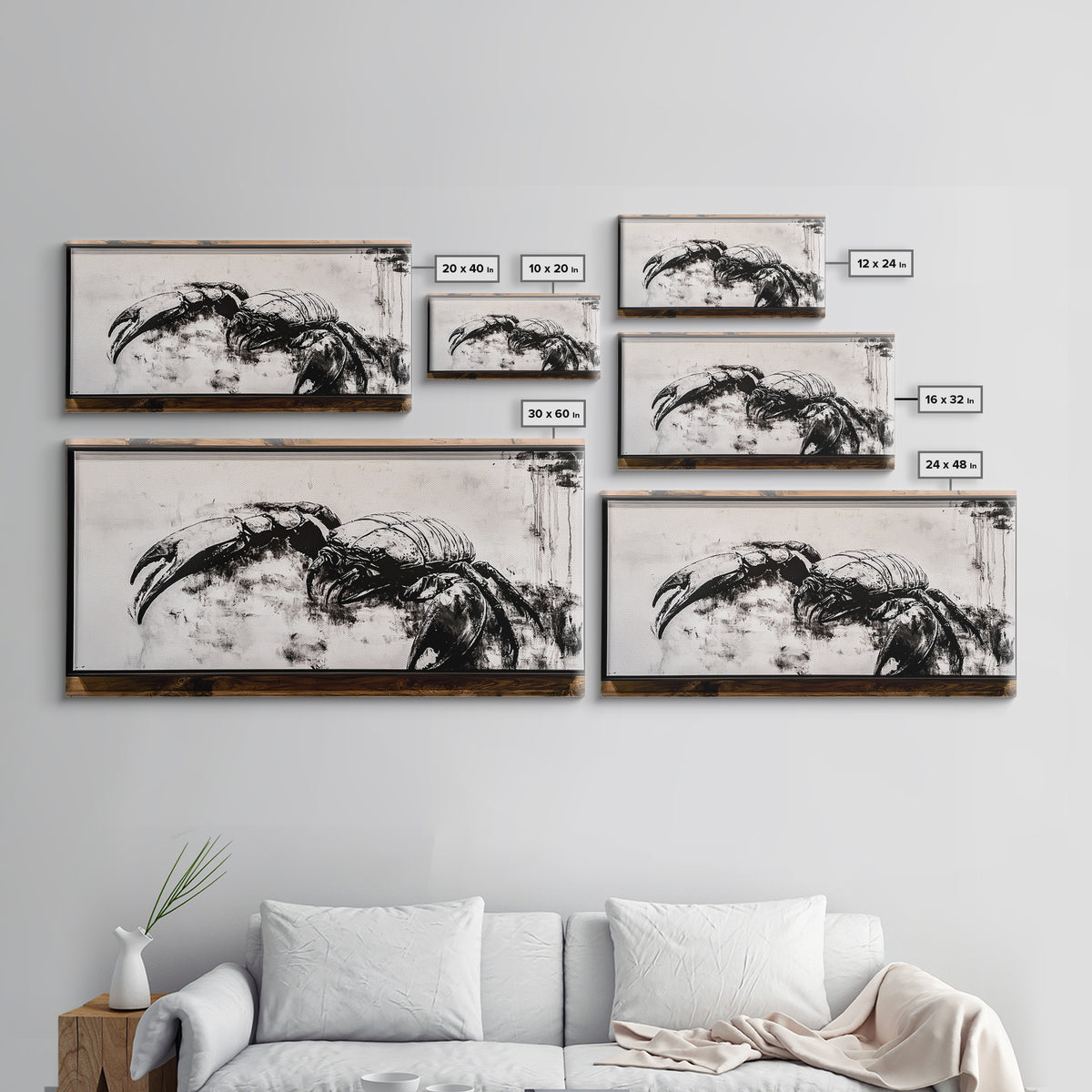 Crab Art, Black and White Coastal Decor, Nautical Wall Art, Beach House Aesthetic, Rustic Framed Canvas Print, Ocean Wildlife Art