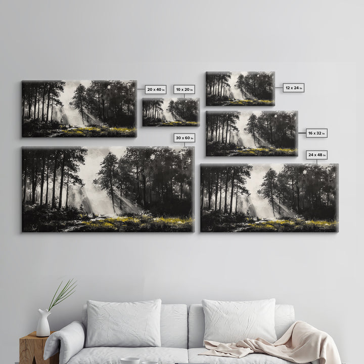 Misty Forest, Black and White, Nature Landscape, Framed Canvas Print, Tree Art, Moody Wall Decor, Rustic Cabin Art, Office Wall Art