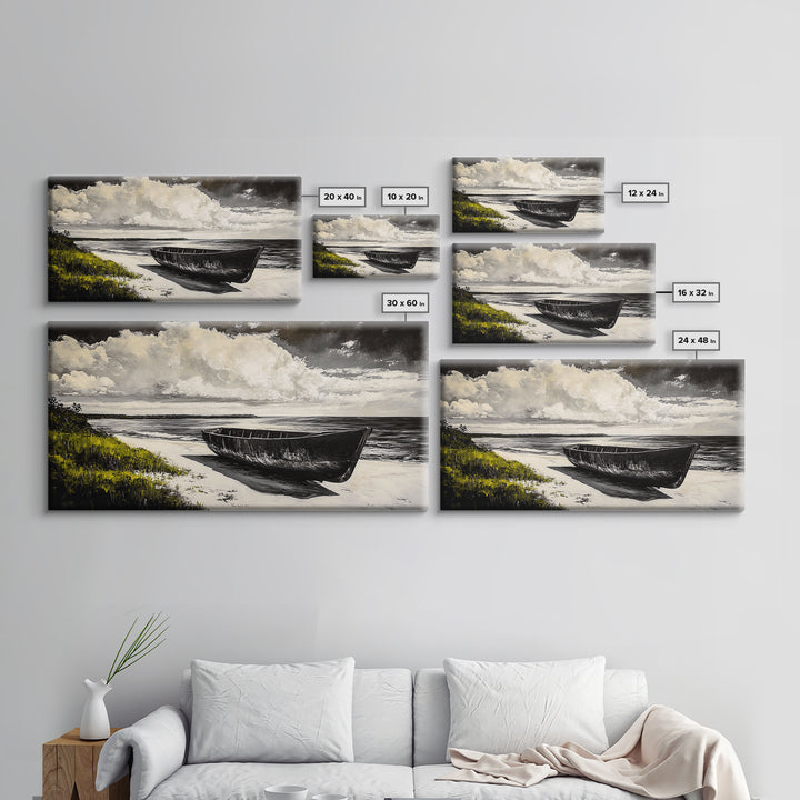 Abandoned Boat, Black White, Seaside Art, Framed Canvas Print, Rustic Beach Decor, Nautical Wall Art, Coastal Print, Office Decor