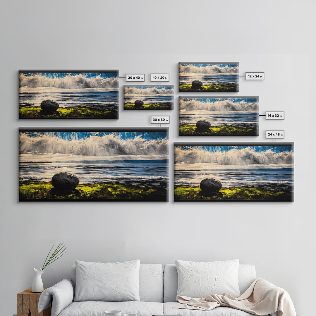Coastal Rain, Ocean Reflection, Scenic Wall Art, Framed Canvas Print, Serene Nature Print, Landscape Decor, Bedroom Wall Art