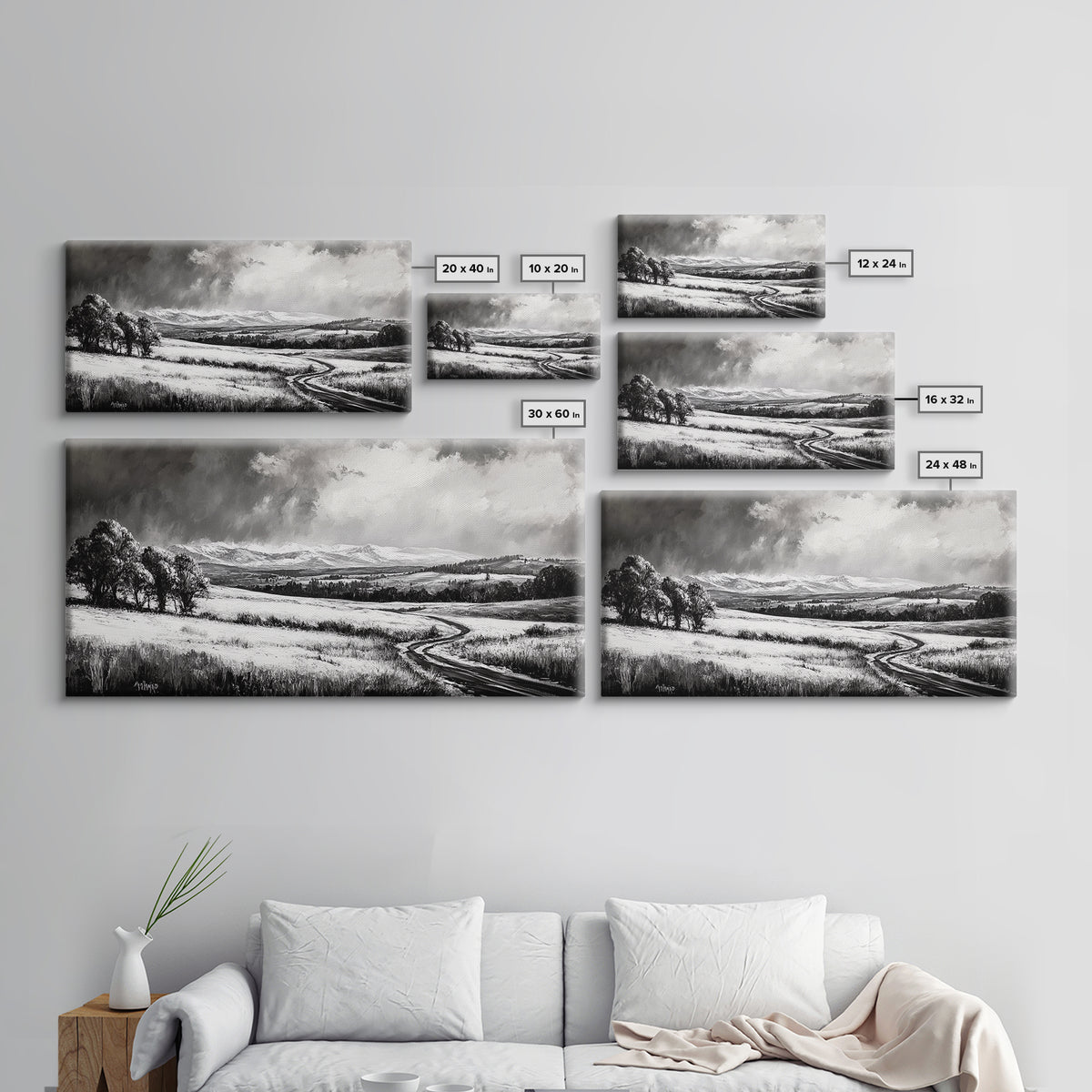Winter Landscape, Black White, Scenic Country Road, Framed Canvas Print, Serene Nature Art, Rustic Wall Decor, Bedroom Artwork