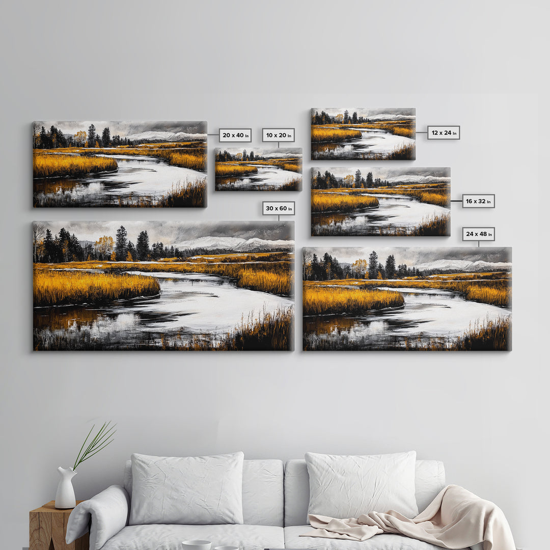 Autumn Landscape, Rustic River Scene, Golden Fields, Nature Wall Art, Farmhouse Style, Cabin Decor, Warm Tones, Framed Canvas Print