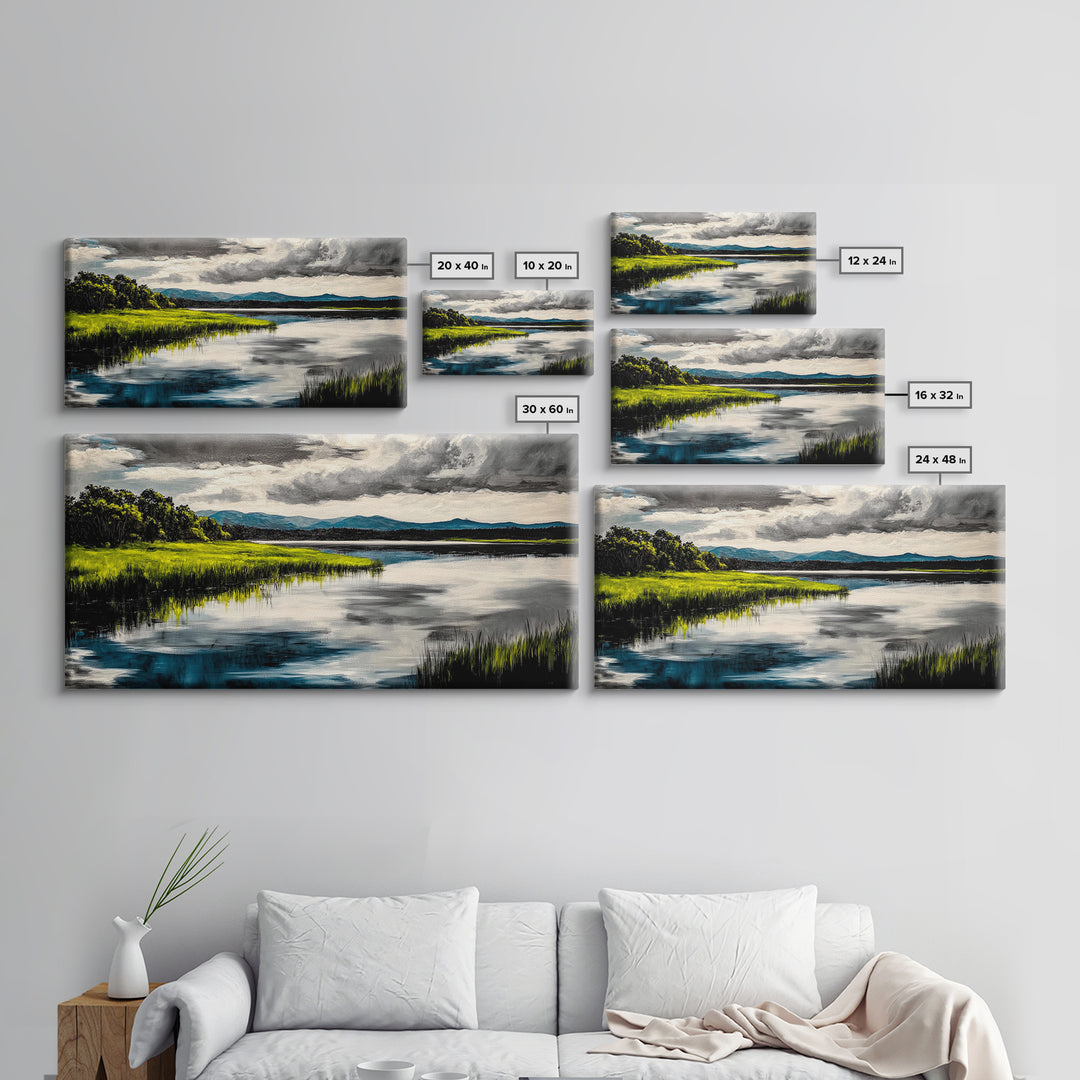 Serene River, Nature Landscape, Green Fields, Peaceful Wall Art, Modern Rustic Decor, Living Room Art, Scenic View, Canvas Print