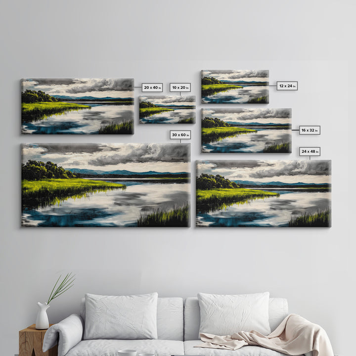 Serene River, Nature Landscape, Green Fields, Peaceful Wall Art, Modern Rustic Decor, Living Room Art, Scenic View, Canvas Print