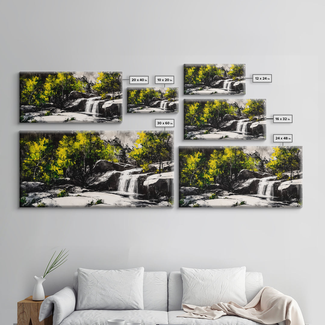 Waterfall Scene, Nature Art, Black and White Landscape, Rustic Cabin Decor, Wilderness Painting, Relaxing Wall Art, Canvas Print