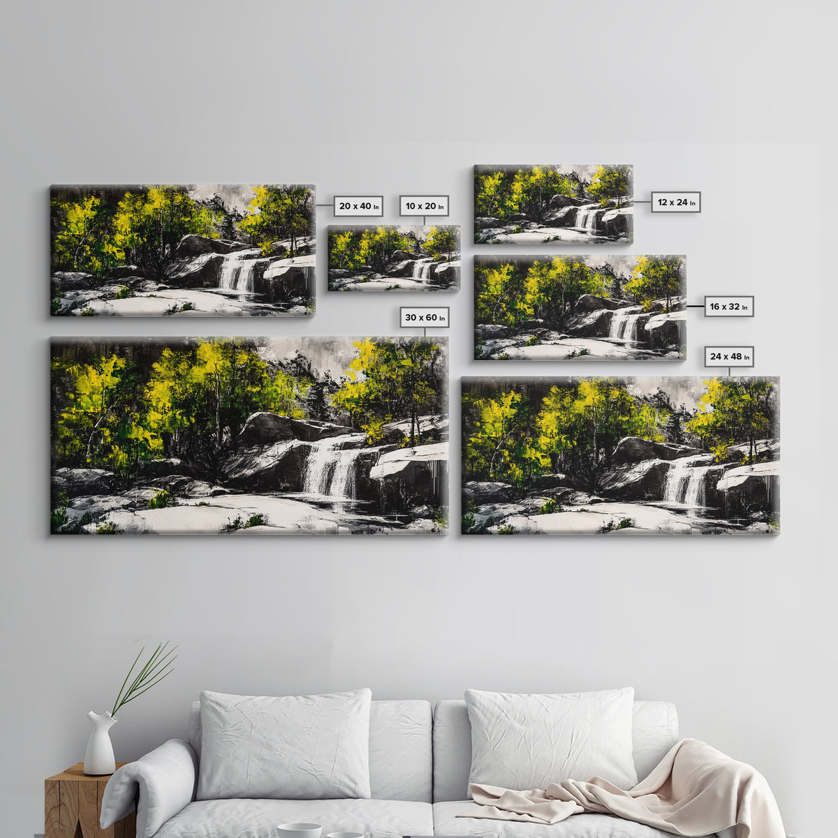 Waterfall Scene, Nature Art, Black and White Landscape, Rustic Cabin Decor, Wilderness Painting, Relaxing Wall Art, Canvas Print