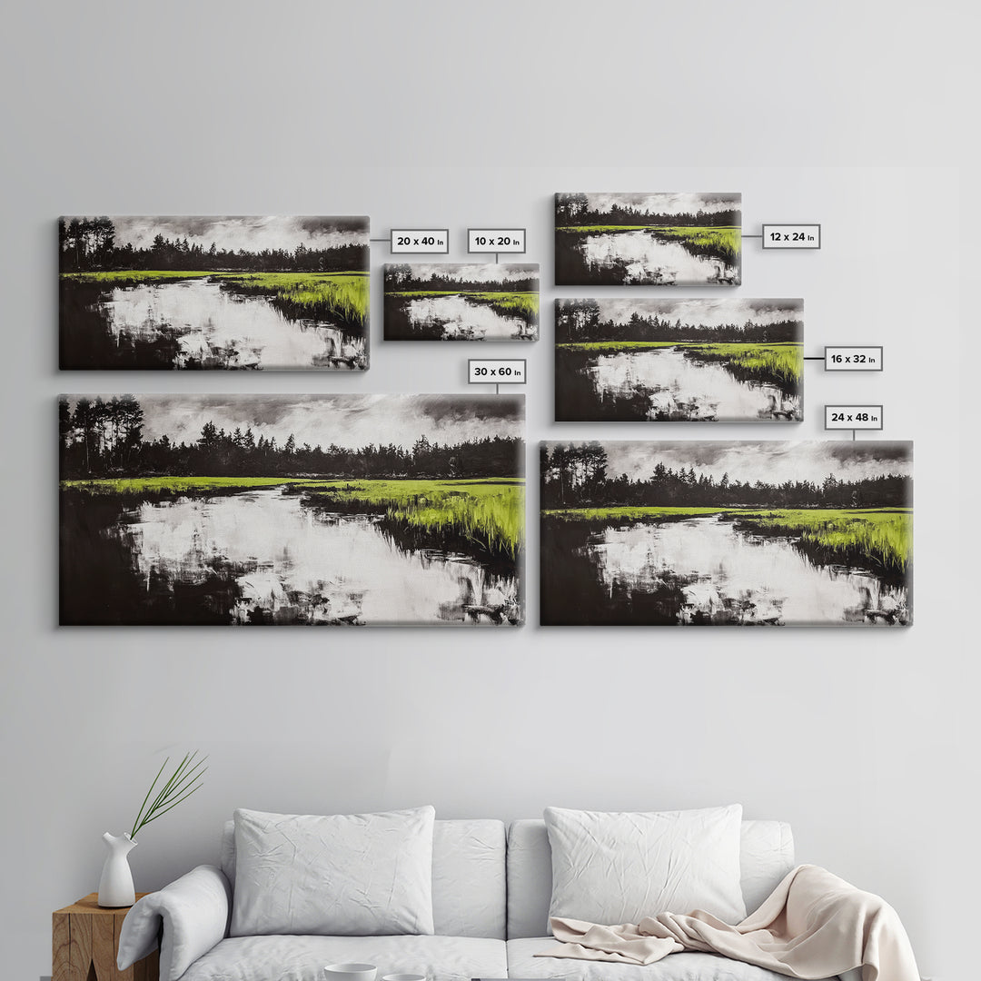 River Reflection, Nature Art, Moody Landscape, Modern Canvas Print, Green and Black, Office Wall Art, Minimalist Home Decor, Rustic Art