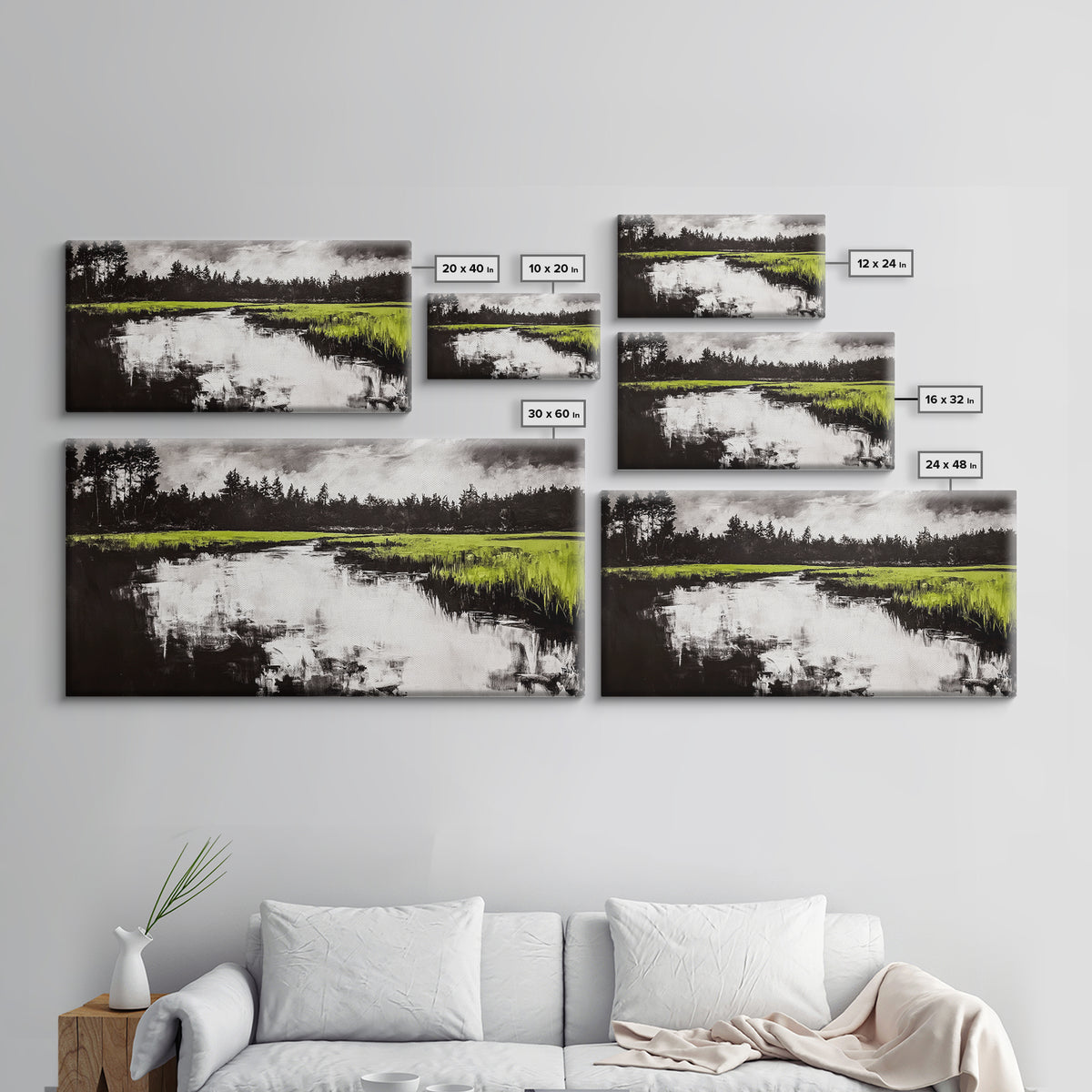River Reflection, Nature Art, Moody Landscape, Modern Canvas Print, Green and Black, Office Wall Art, Minimalist Home Decor, Rustic Art