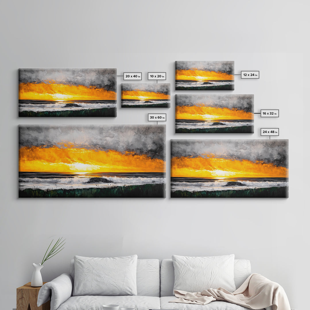 Ocean Sunset, Dramatic Clouds, Beach Waves, Framed Canvas Print, Coastal Wall Art, Living Room Art, Large Wall Decor