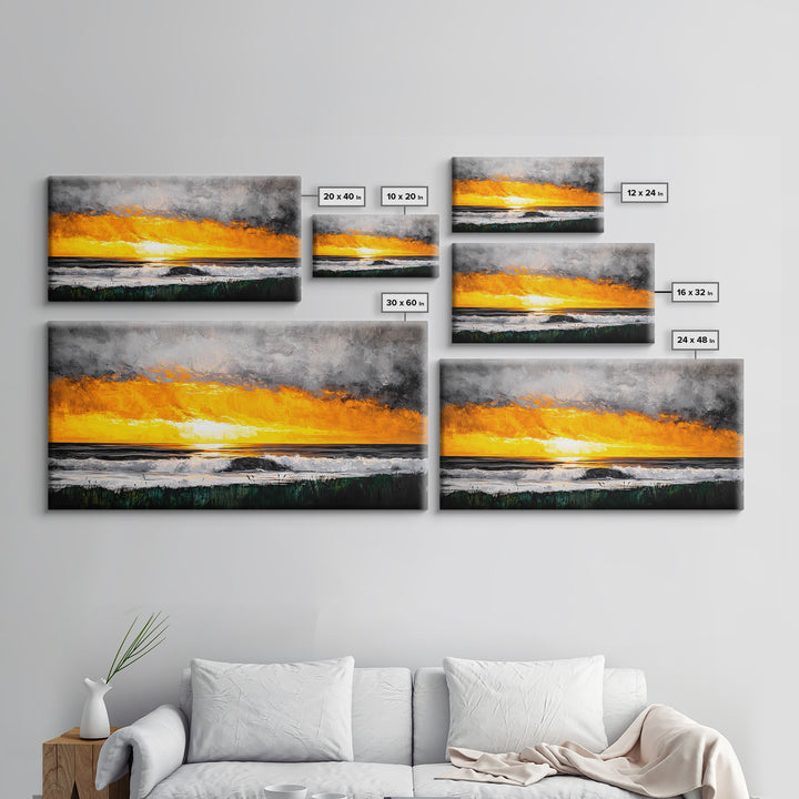 Ocean Sunset, Dramatic Clouds, Beach Waves, Framed Canvas Print, Coastal Wall Art, Living Room Art, Large Wall Decor