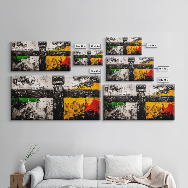 Tribal Totem Art, Black White Painting, Bold Statement Decor, Ethnic Wall Art, Framed Canvas Print, Modern Living Room Accent
