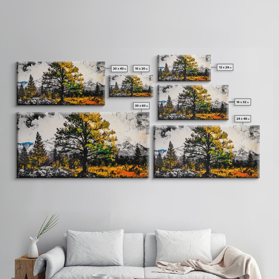 Autumn Tree Art, Mountain Landscape Painting, Fall Wall Decor, Nature Lover Gift, Framed Canvas Print, Rustic Cabin Home Accent