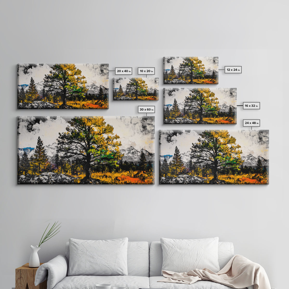 Autumn Tree Art, Mountain Landscape Painting, Fall Wall Decor, Nature Lover Gift, Framed Canvas Print, Rustic Cabin Home Accent