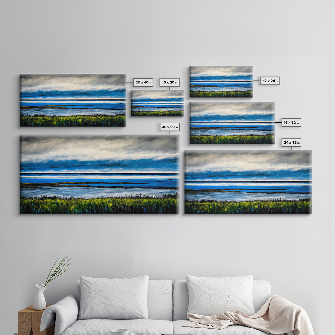 Ocean Horizon, Blue Sky, Coastal, Minimalist, Framed Canvas Print, Seascape Painting, Modern Wall Art, Living Room Decor, Tranquil Scene