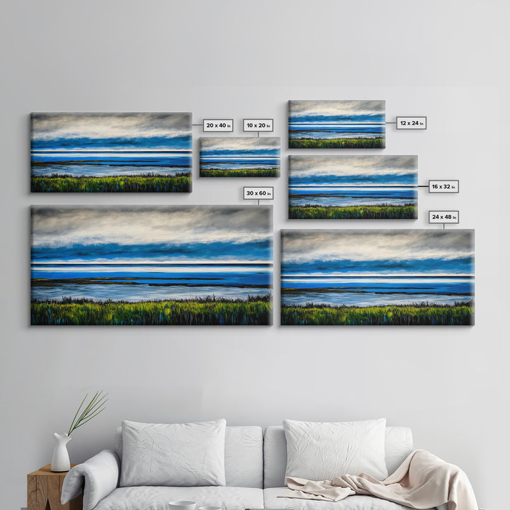Ocean Horizon, Blue Sky, Coastal, Minimalist, Framed Canvas Print, Seascape Painting, Modern Wall Art, Living Room Decor, Tranquil Scene
