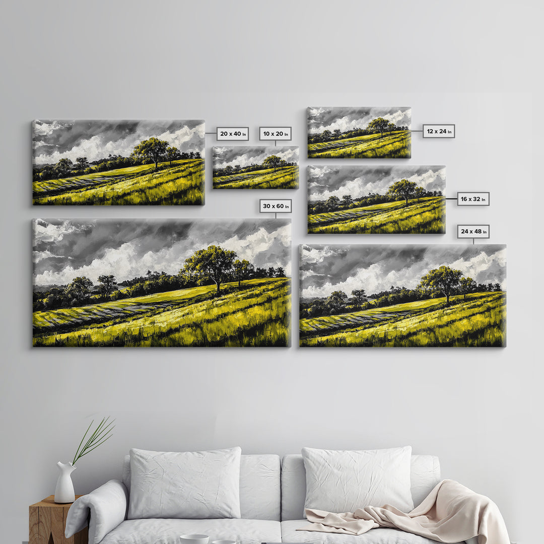 Rolling Hills Landscape, Peaceful Countryside Art, Green Field Painting, Rustic Home Decor, Framed Canvas Print, Serene Wall Accent