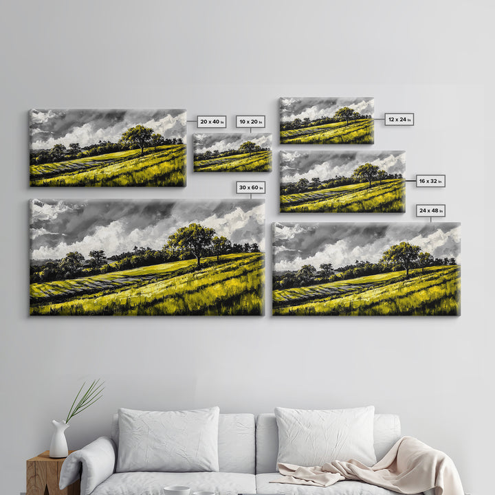 Rolling Hills Landscape, Peaceful Countryside Art, Green Field Painting, Rustic Home Decor, Framed Canvas Print, Serene Wall Accent