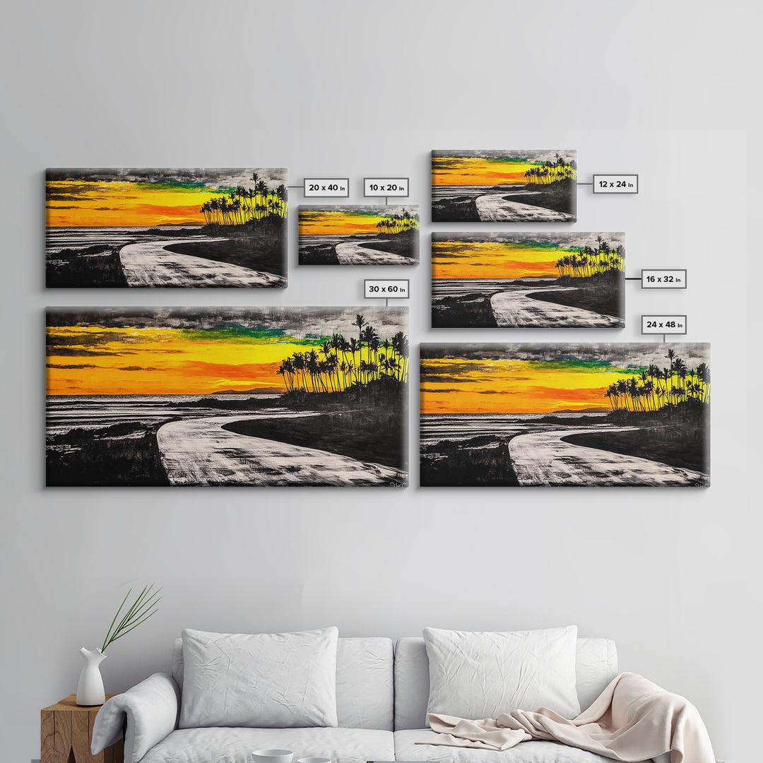 Tropical Beach, Sunset Painting, Ocean Horizon, Modern Coastal Decor, Palm Tree Art, Framed Canvas Print, Living Room Wall Art, Beach Scene