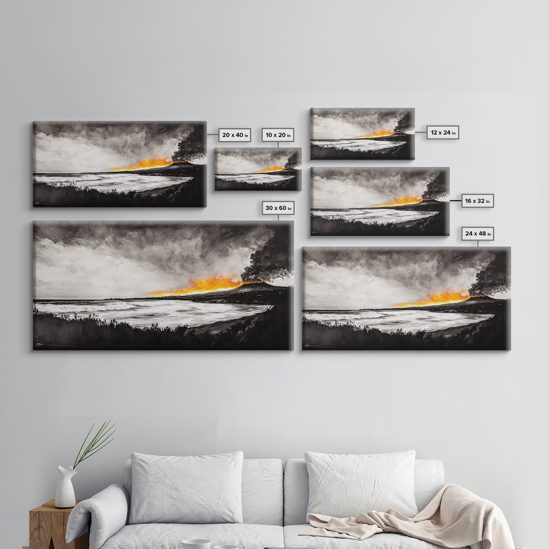 Volcano Eruption, Dramatic Landscape Art, Black and White Wall Art, Fiery Sunset Painting, Large Framed Canvas Print, Office Decor
