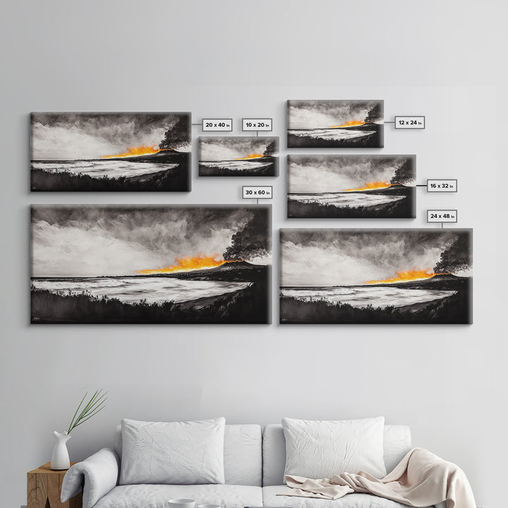 Volcano Eruption, Dramatic Landscape Art, Black and White Wall Art, Fiery Sunset Painting, Large Framed Canvas Print, Office Decor