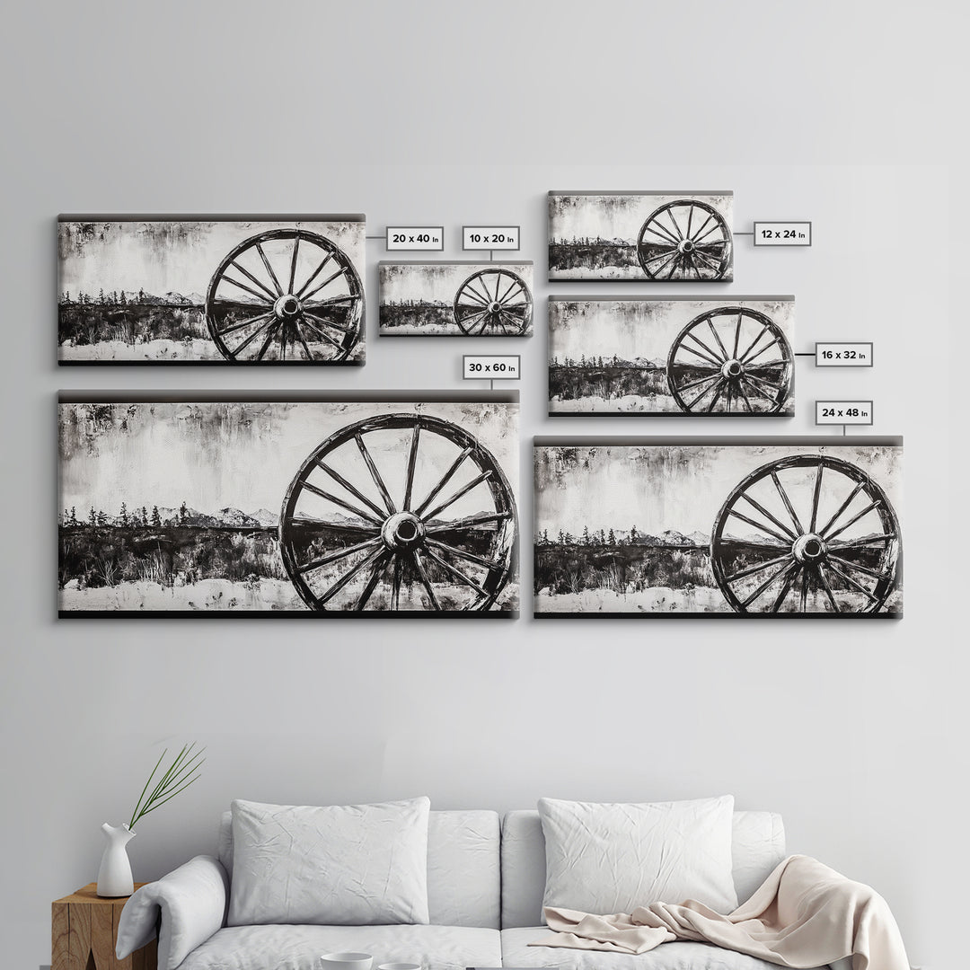 Wagon Wheel, Mountain Landscape, Black and White Western Art, Rustic Home Decor, Framed Canvas Print, Farmhouse Living Room Art