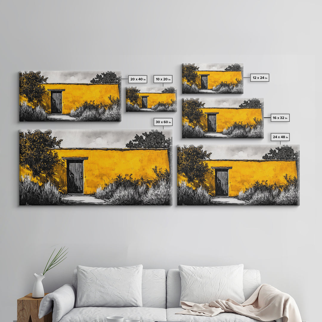 Adobe House, Southwestern Art, Yellow Wall Painting, Rustic Desert Decor, Black and White Canvas Print, Living Room Wall Art