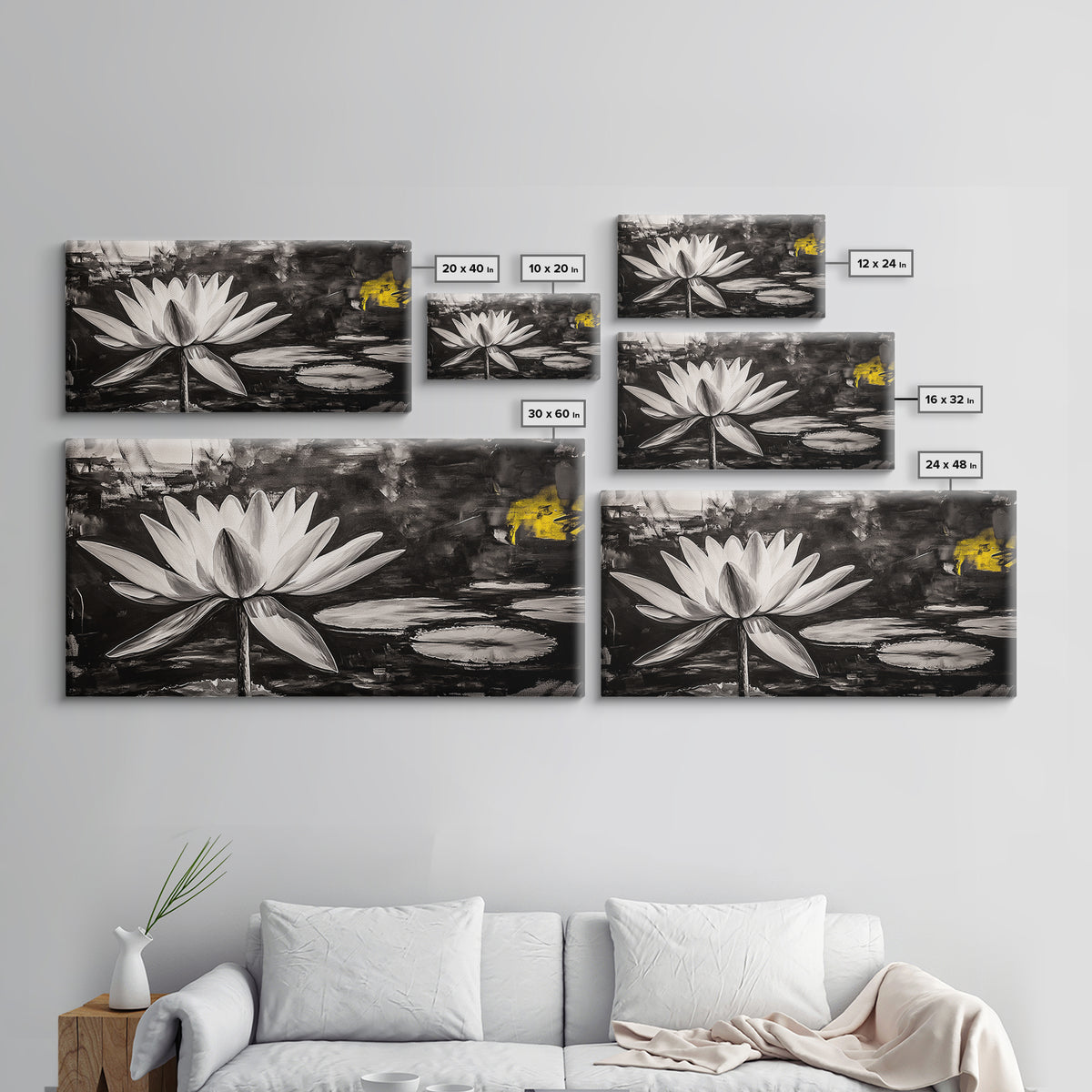 Lotus Flower, Black and White Botanical Art, Zen Wall Decor, Nature Painting, Minimalist Canvas Print, Bedroom Meditation Art