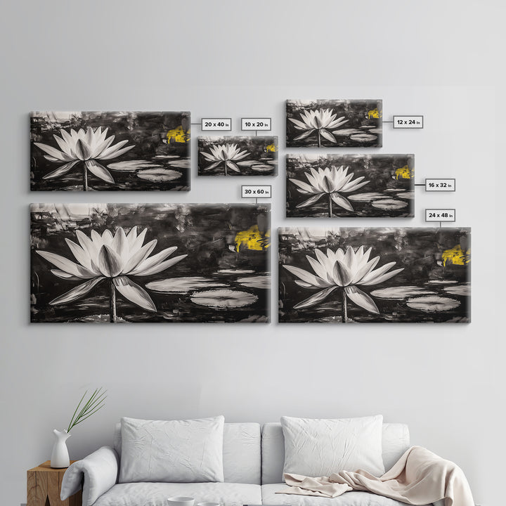 Lotus Flower, Black and White Botanical Art, Zen Wall Decor, Nature Painting, Minimalist Canvas Print, Bedroom Meditation Art
