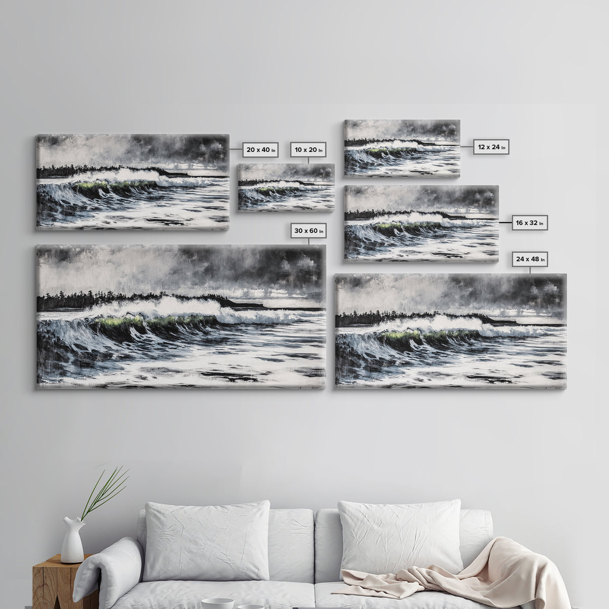 Ocean Wave, Coastal Art, Large Wall Art, Black and White Painting, Abstract Seascape, Living Room Decor, Framed Canvas Print, Beach House