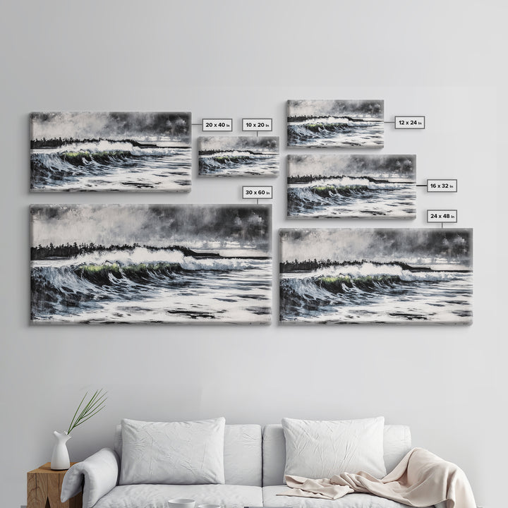 Ocean Wave, Coastal Art, Large Wall Art, Black and White Painting, Abstract Seascape, Living Room Decor, Framed Canvas Print, Beach House
