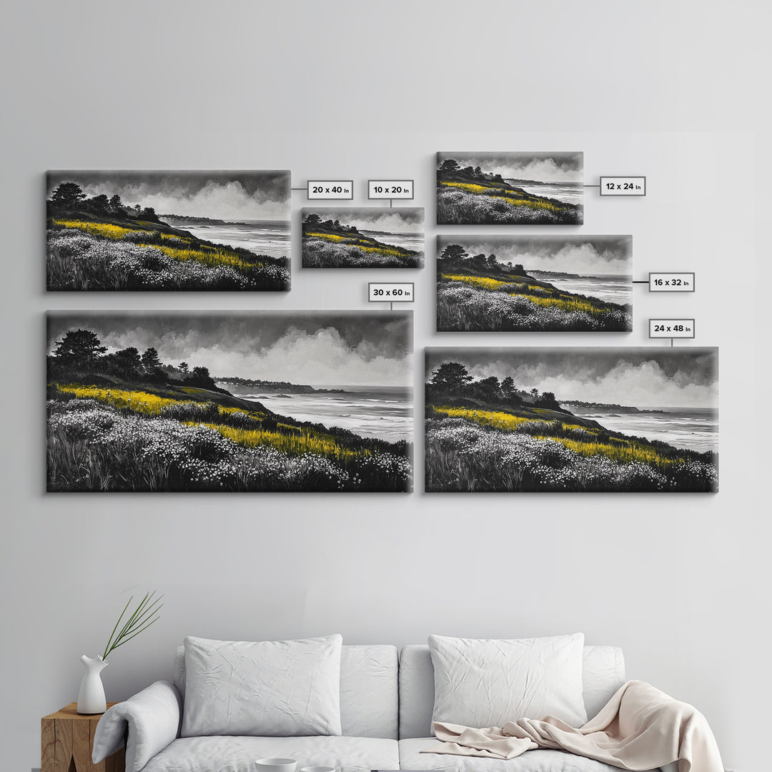 Coastal Meadow, Floral Landscape, Beach Painting, Black and White Art, Nature Wall Decor, Minimalist Art, Framed Canvas Print, Gift Idea