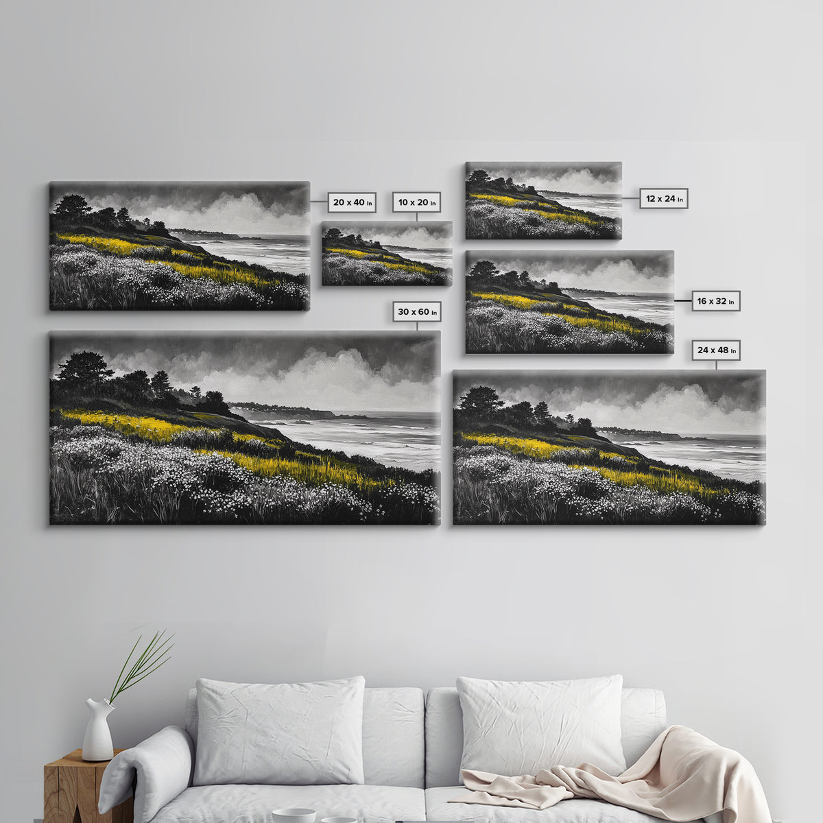 Coastal Meadow, Floral Landscape, Beach Painting, Black and White Art, Nature Wall Decor, Minimalist Art, Framed Canvas Print, Gift Idea