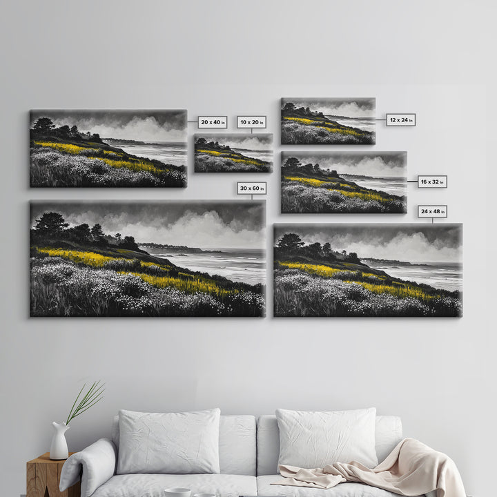 Coastal Meadow, Floral Landscape, Beach Painting, Black and White Art, Nature Wall Decor, Minimalist Art, Framed Canvas Print, Gift Idea