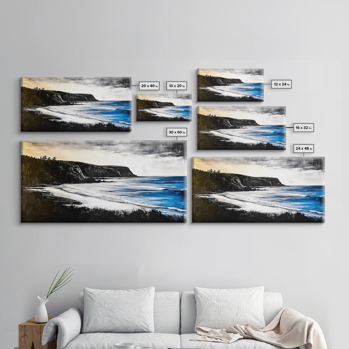 Cliffside Coast, Dramatic Seascape, Black and White Landscape, Ocean View, Modern Art, Living Room Decor, Framed Canvas Print, Coastal Home