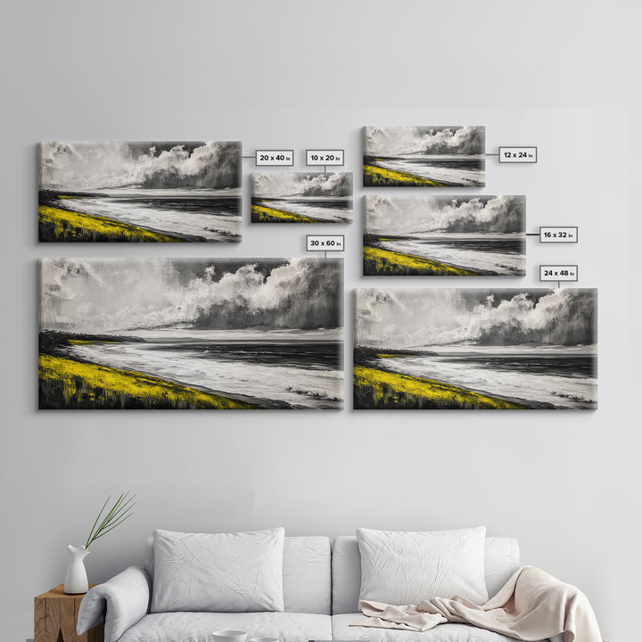 Coastal Horizon, Ocean Beach Art, Black and White Wall Decor, Dramatic Sky, Yellow Grass, Modern Landscape, Serene View, Framed Canvas Print