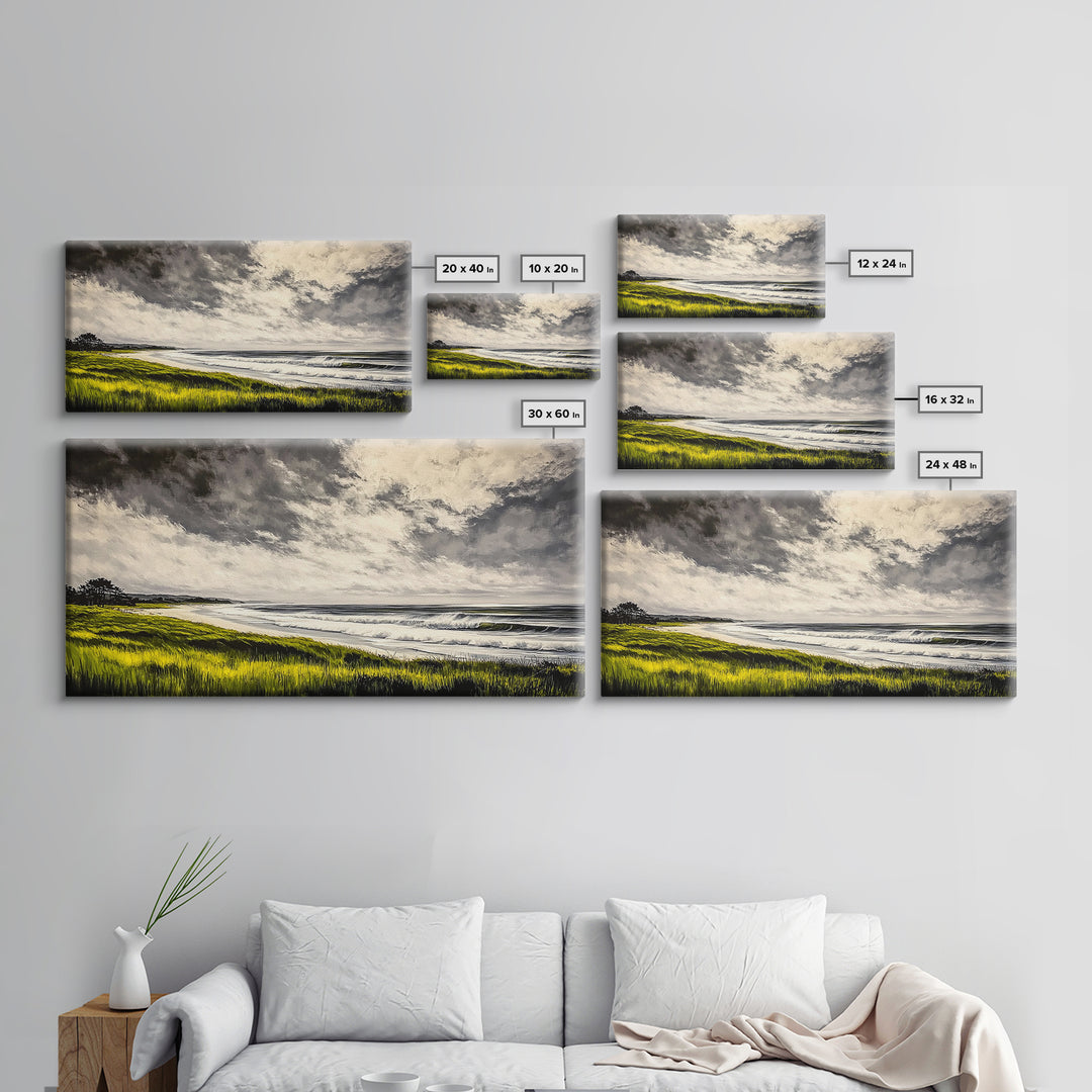 Seaside Serenity, Stormy Ocean, Beach Wall Art, Nature Inspired Decor, Moody Coastal Scene, Yellow Grass, Living Room Artwork, Canvas Print