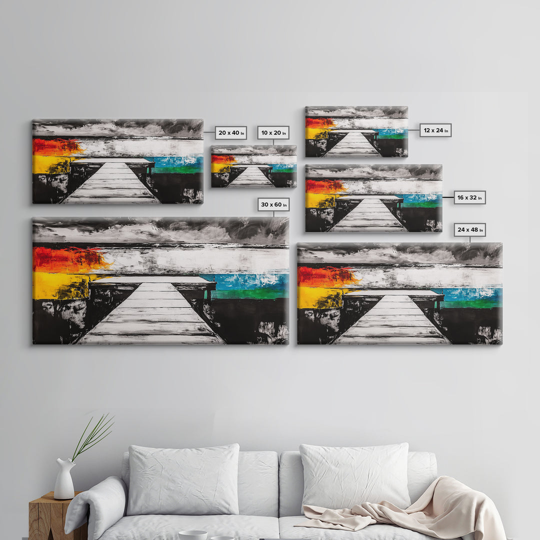 Pier to Infinity, Abstract Coastal Art, Black and White, Surreal Landscape, Minimalist Aesthetic, Nautical Decor, Framed Canvas Print