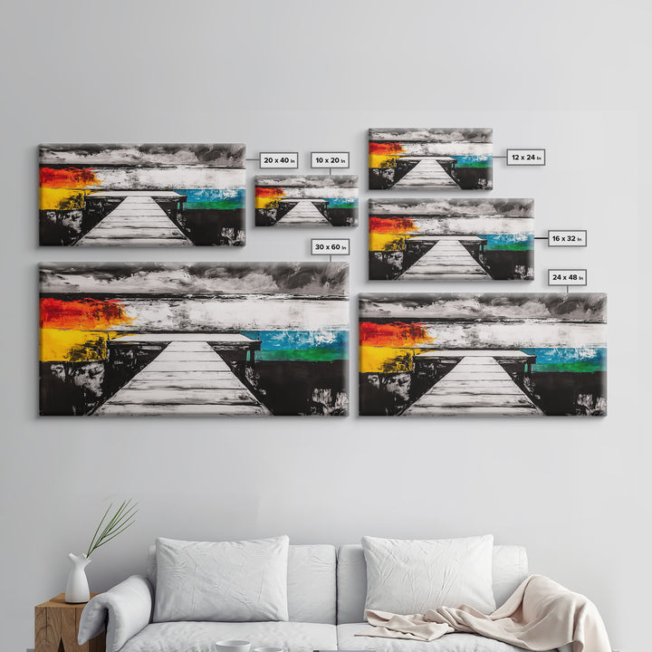 Pier to Infinity, Abstract Coastal Art, Black and White, Surreal Landscape, Minimalist Aesthetic, Nautical Decor, Framed Canvas Print