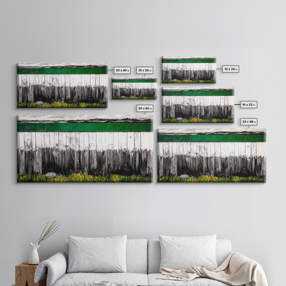 Rustic Fence, Green Landscape, Modern Country Art, Black and White with Color, Nature Inspired, Farmhouse Decor, Serene View, Canvas Print