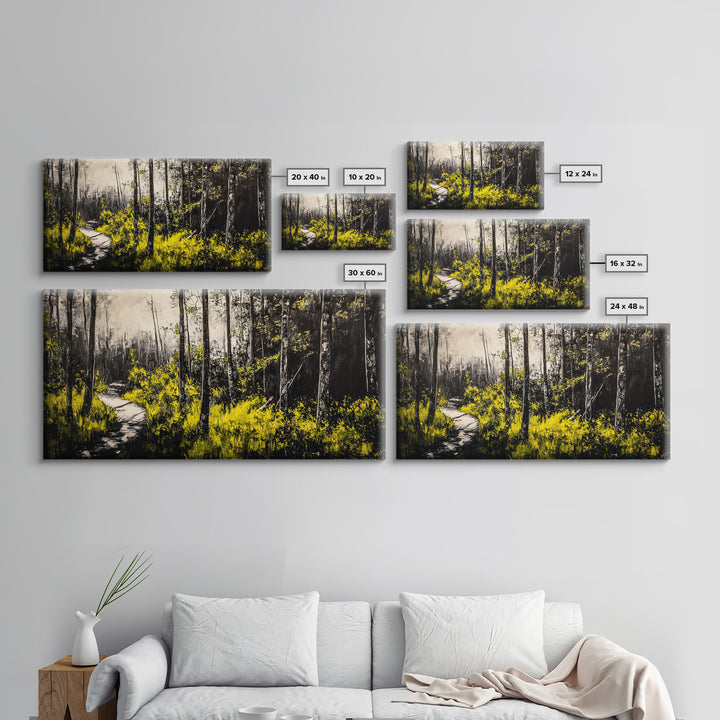 Forest Pathway, Autumn Woodland, Yellow Foliage, Moody Nature Art, Black and White, Peaceful Retreat, Cabin Wall Decor, Framed Canvas Print