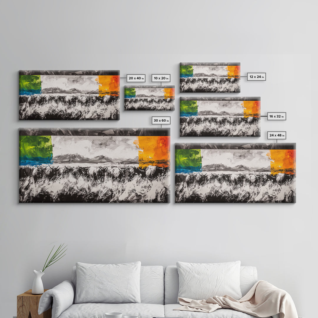 Abstract Cattle, Western Art, Colorful Farm Scene, Framed Canvas Print, Modern Ranch Wall Decor, Farmhouse Style, Rustic Artwork