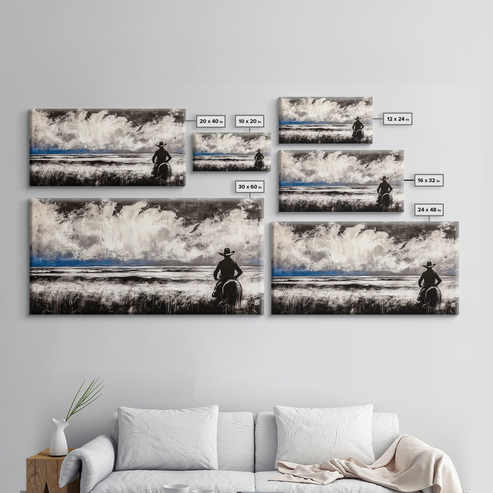Cowboy Horizon, Western Landscape, Rustic Horse Rider, Framed Canvas Print, Southwestern Home Decor, Black and White Wall Art