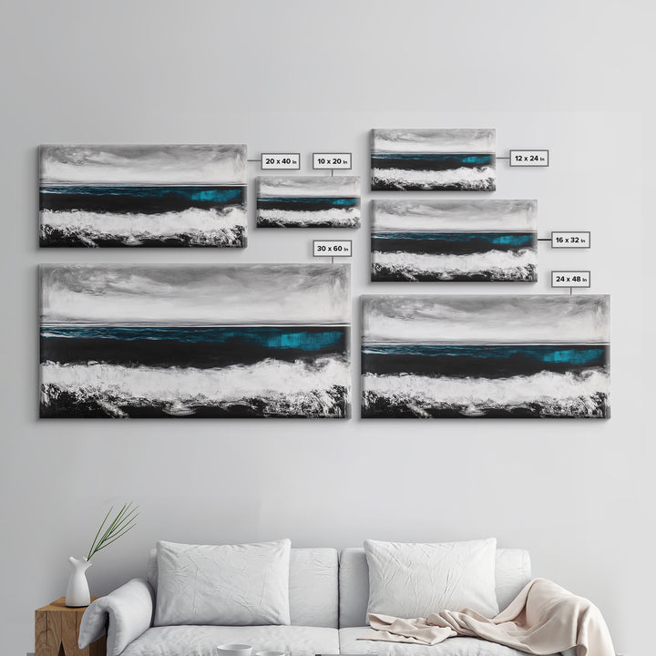 Ocean Horizon, Moody Seascape, Black and White Waves, Framed Canvas Print, Modern Coastal Wall Art, Beach House Decor, Minimalist Art