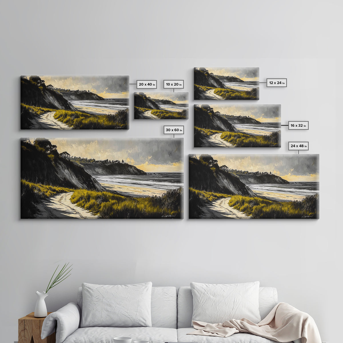 Coastal Path, Ocean View, Beach Sunset, Framed Canvas Print, Modern Wall Art, Landscape Painting, Living Room Art, Nautical Decor