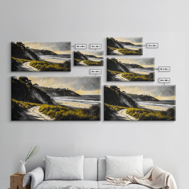 Coastal Path, Ocean View, Beach Sunset, Framed Canvas Print, Modern Wall Art, Landscape Painting, Living Room Art, Nautical Decor