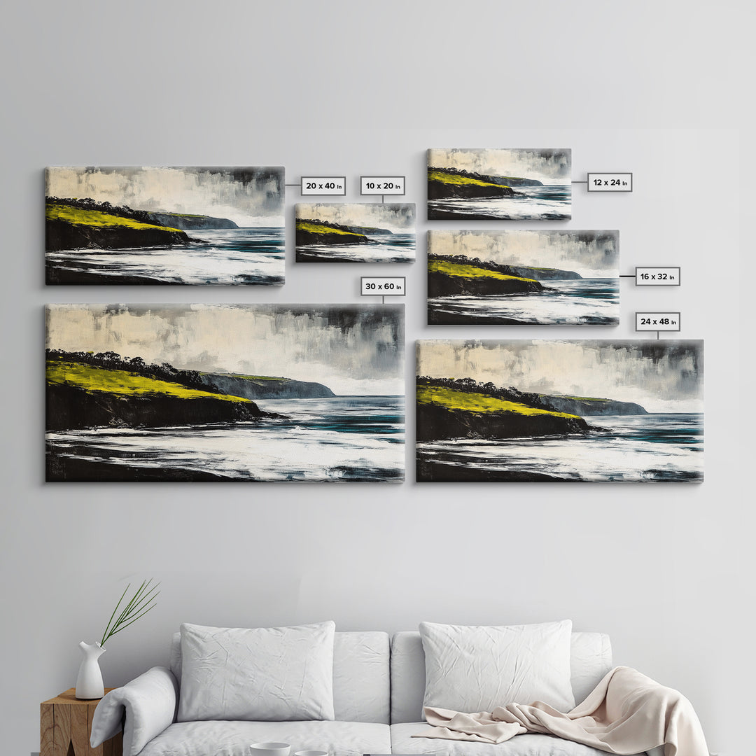 Ocean Cliffs, Misty Coastline, Stormy Sea, Canvas Print, Moody Seascape Art, Living Room Decor, Minimalist Wall Art, Nature Painting